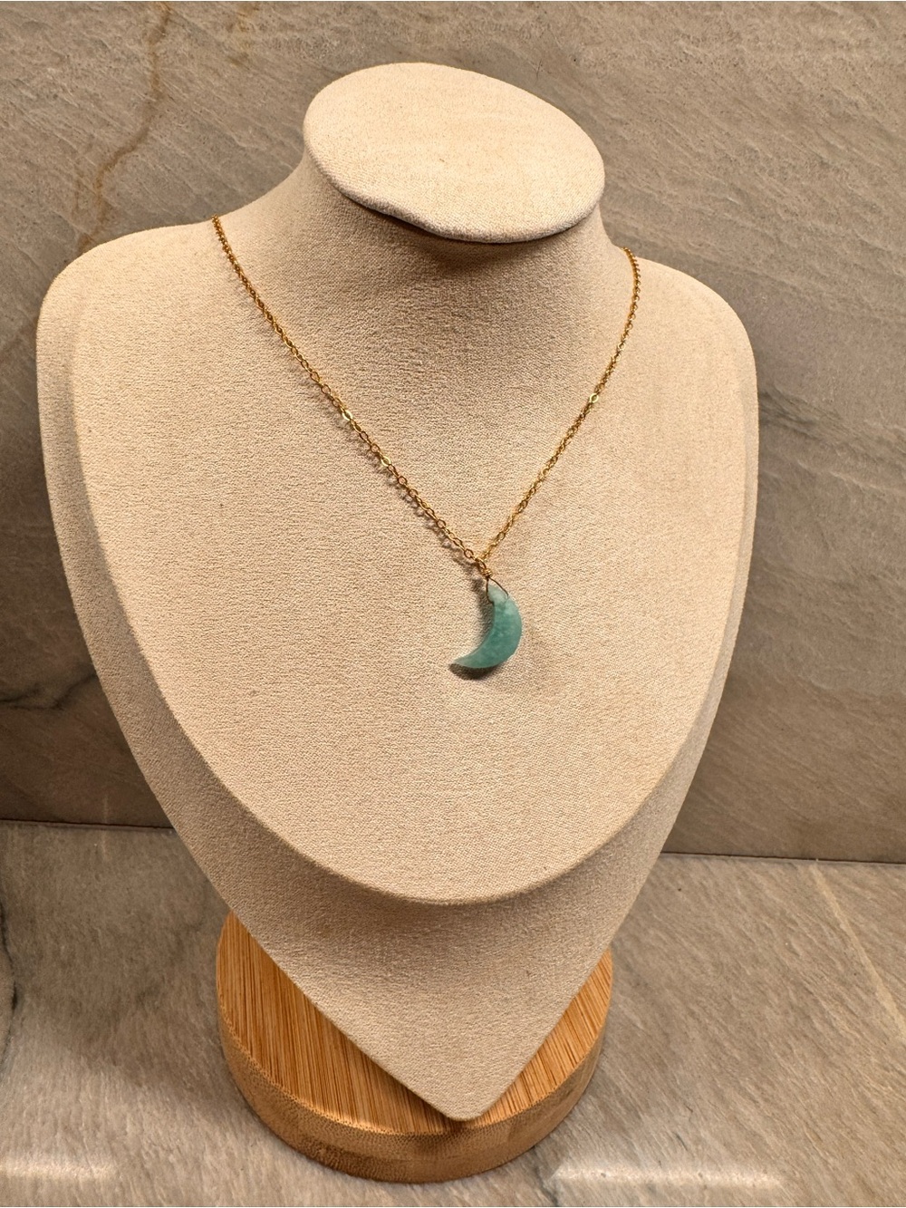 Vibrant Faceted Amazonite Moon on 16” 18k Gold Fill Chain